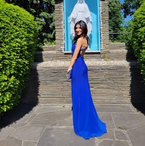 JJ  Royal Blue backless dress with slit and train